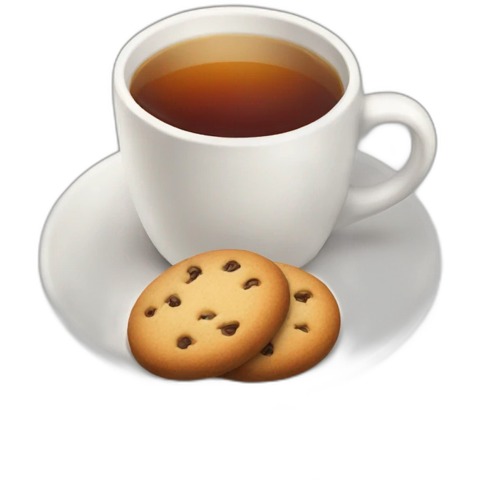 white cup of tea with a cookie emoji