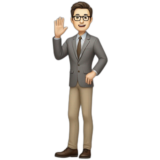 Full height Actively gesturing with hands Pale skinned fit man with dark brown hair in gray jacket, beige office shirt, brown tie, brown pants and vintage glasses. emoji