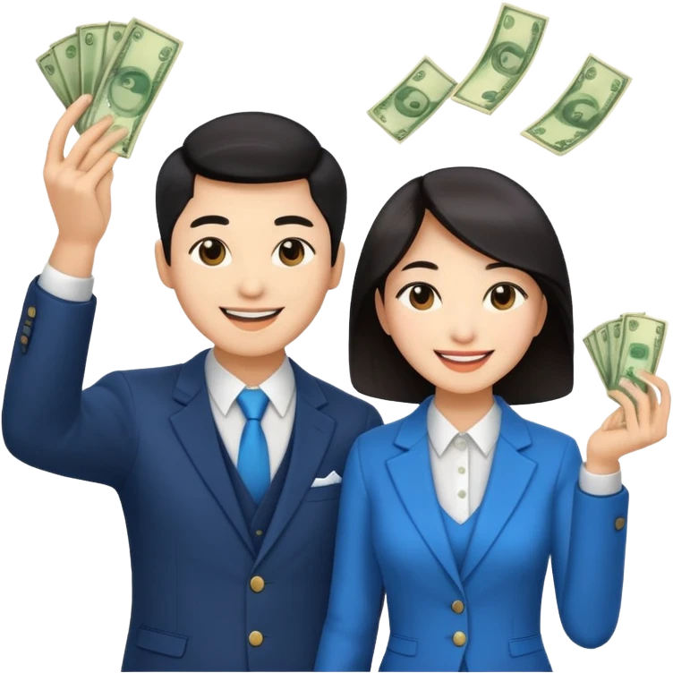 Asian stylish couple throwing money emoji