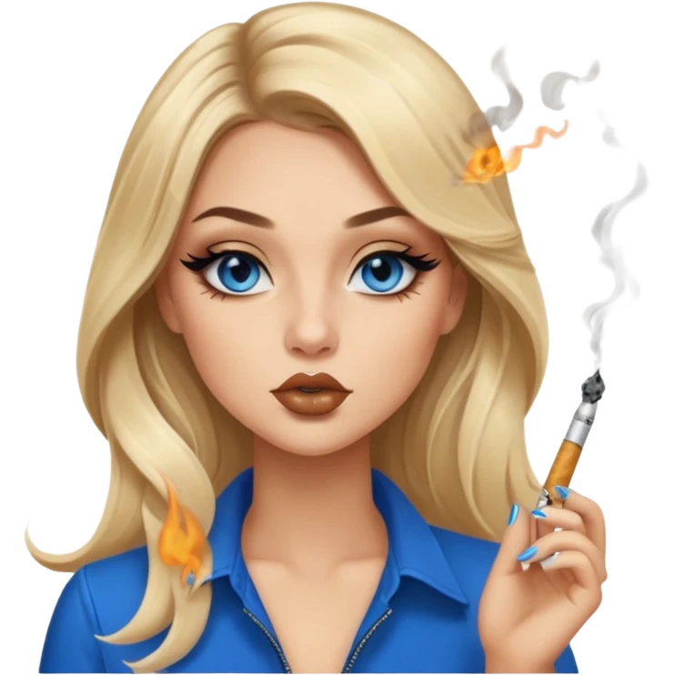 blonde balayage gorgeous girl blue eyes long hair with latina makeup smoking a cigarette and blowing smoke baddie winged eyeliner  emoji
