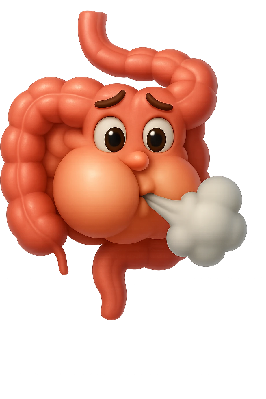 emoji stile iphone di un intestino che ingoia una nuvoletta di aria ben visibile e gli si gonfia la pancia, non fargli il naso, iperrealistico 4k emoji