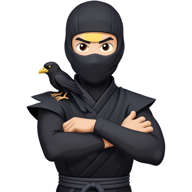 clash-of-clans-aesthetic_-cinematic-mysterious-male-ninja-portrait-emoji, rendered in a flat, vector-style with minimal shading and bold, simplified shapes, his arm is stretched out  with a head slightly turned revealing intense, focused eyes. the ninja has his arm out and perched on top of his forearm is  a black crow emoji