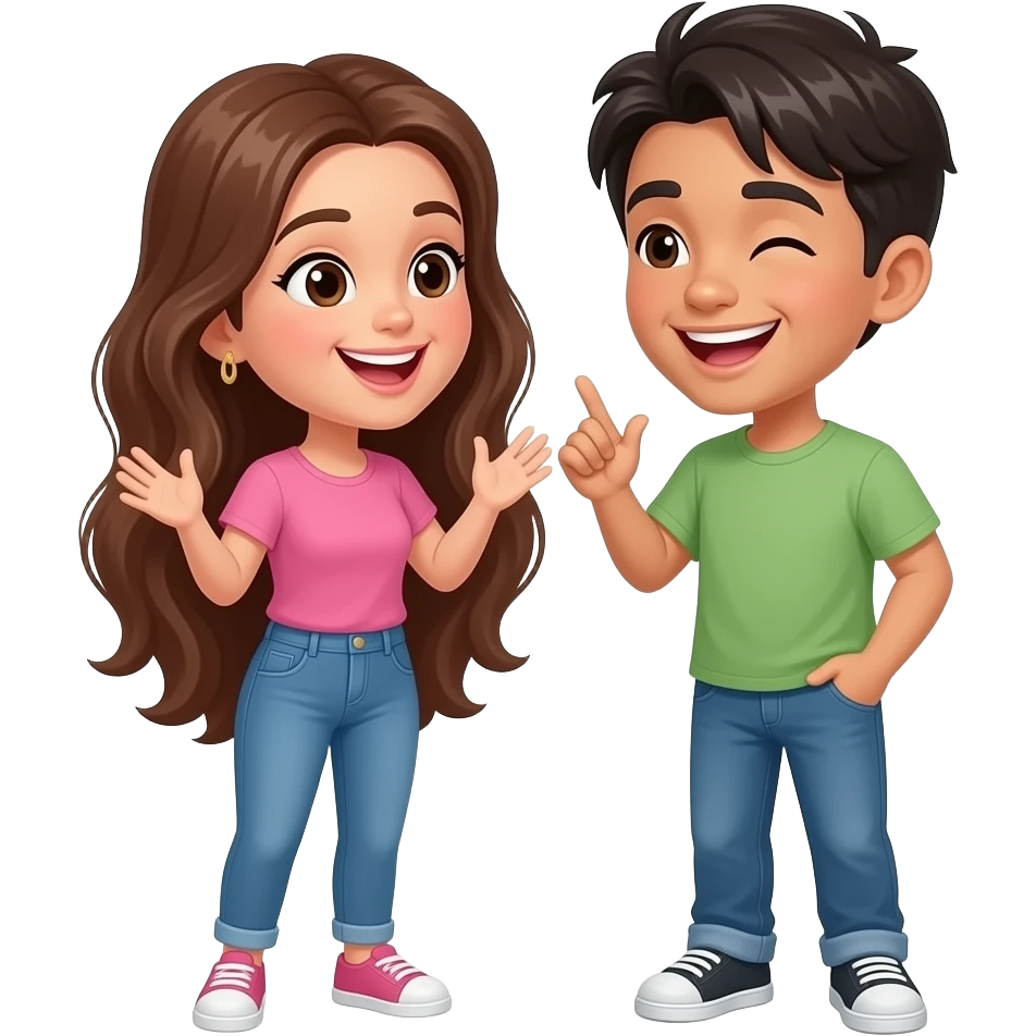 A white skin, very long haired brunette and a white skin  dark haired best friends, girls, full body, chatting, laughing emoji