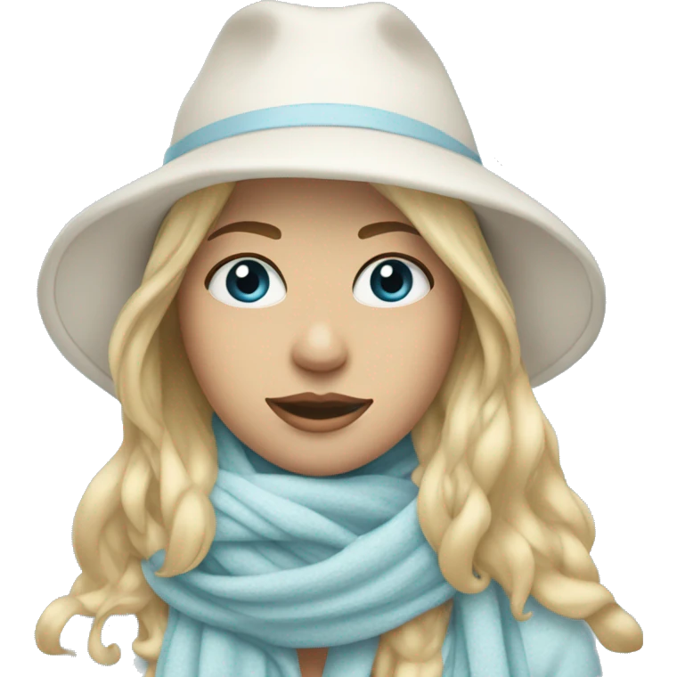 blonde girl in a white hat and pastel blue scarf covering half of her face emoji