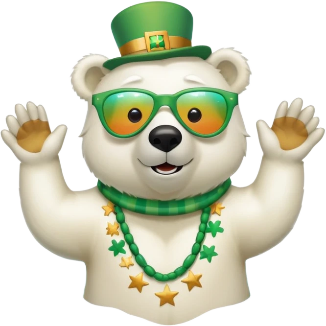 friendly anthropomorphised polar bear wearing oversized colorful star glasses and festive St. Patrick's Day outfit, swimming freestyle with joyful expression emoji