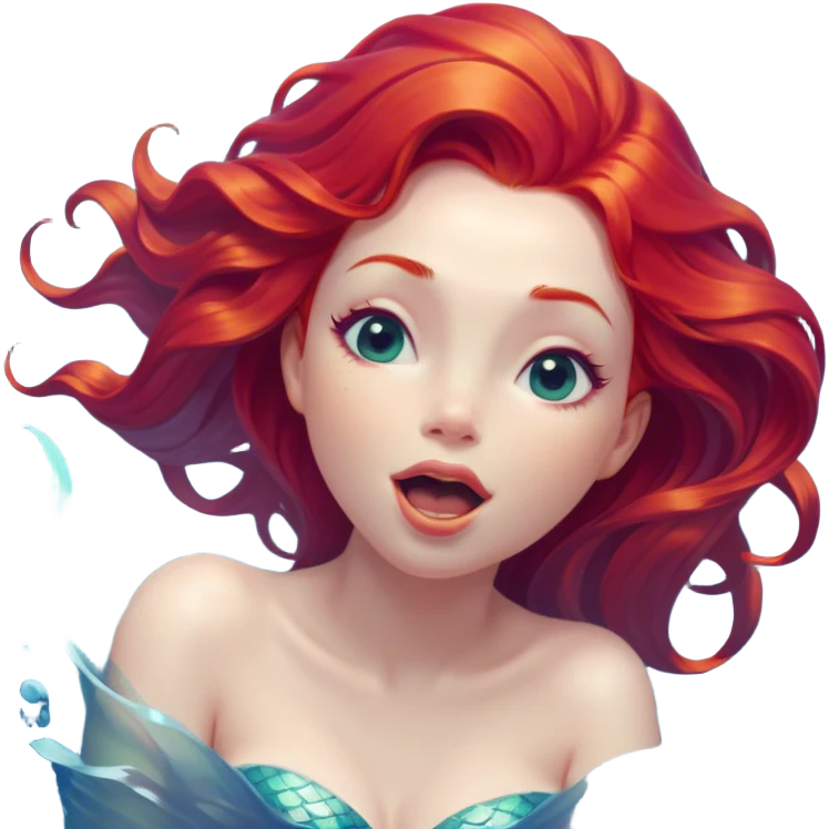 Cinematic Realistic Red Hair Mermaid Portrait, head tilted slightly with a dramatic, wide-open yawn, revealing a tender, relaxed visage with delicately detailed porcelain skin and vibrant, cascading red hair softly billowing around her. Her dreamy eyes exude a serene, aquatic charm, rendered with gentle underwater lighting and high shine—capturing the essence of a drowsy yet mesmerizing mermaid drifting into a tranquil slumber beneath the sea. emoji