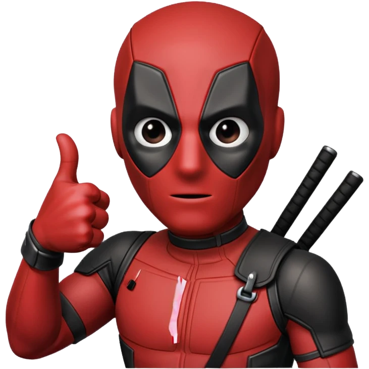 deadpool thumbs up emoji, not so cute, more realistic less body, mostly head and hand must have thumbs up eyes all white like mask emoji