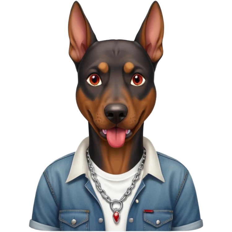 Generate a emoji of a big evil doberman dog with red eyes and a tongue sticking out, give the doberman a human body with a white shirt and baggy jeans, make the doberman have ear piercings and a septum ring emoji
