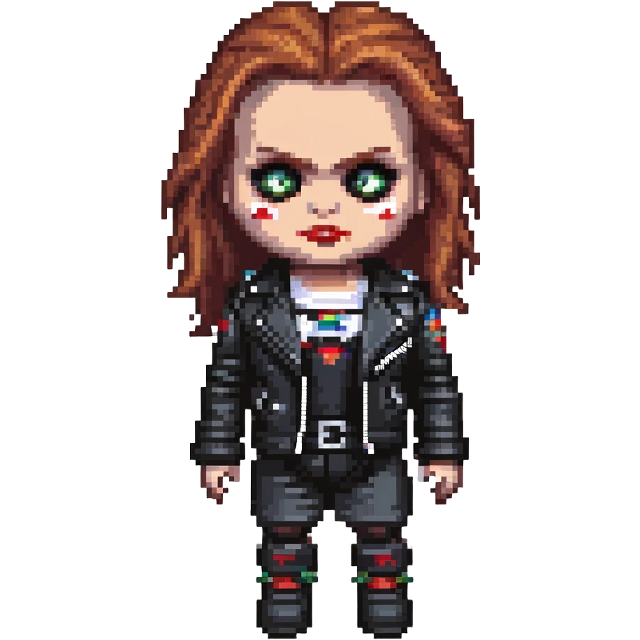 doll version of Chucky's bride in black dress, black leather jacket, heavy dark makeup emoji