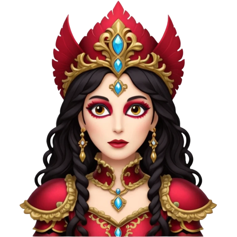 realistic cinematic actress Cher in baroque styling with crimson armor in a forest emoji