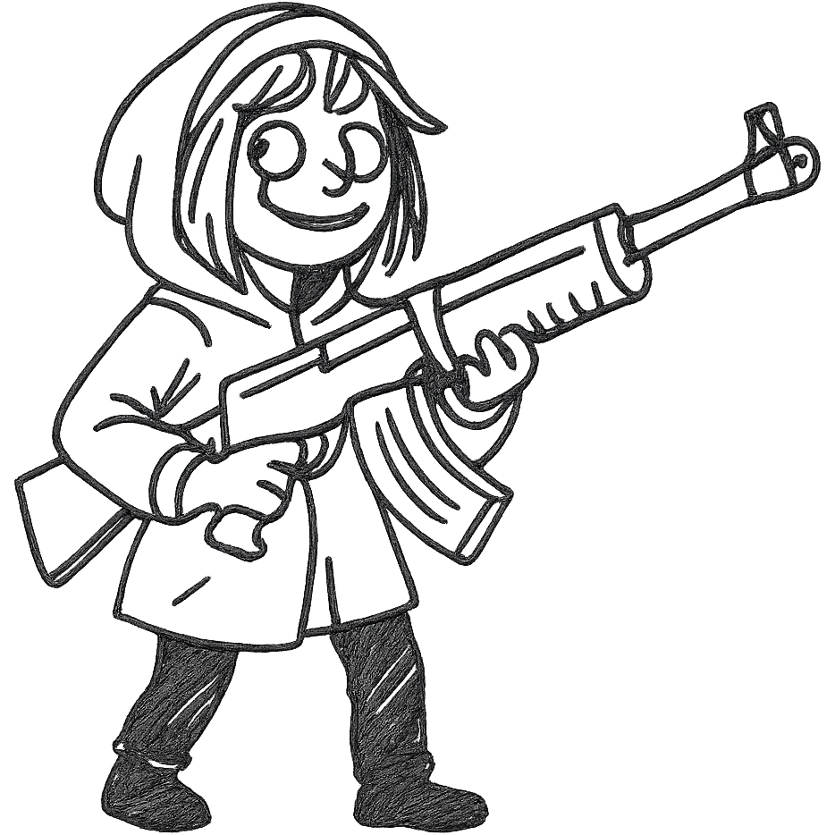 playful stalker girl with a comically large machine gun emoji