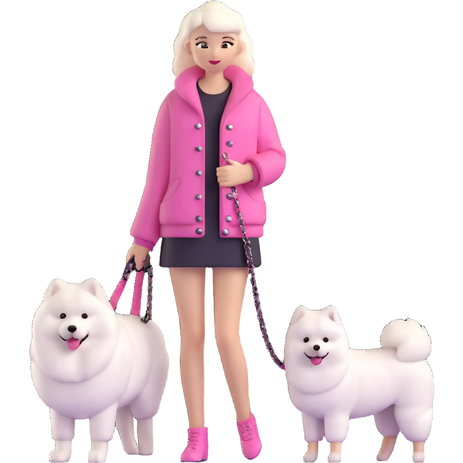 girl in pink Chanel-style outfit with white Samoyed dog emoji