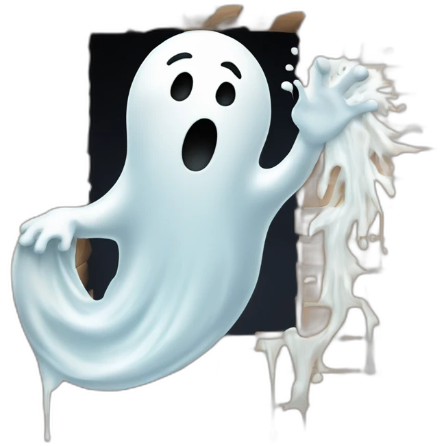 ghost stuck halfway in a wall ejecting a spray of white milky substance forward from stomach area emoji