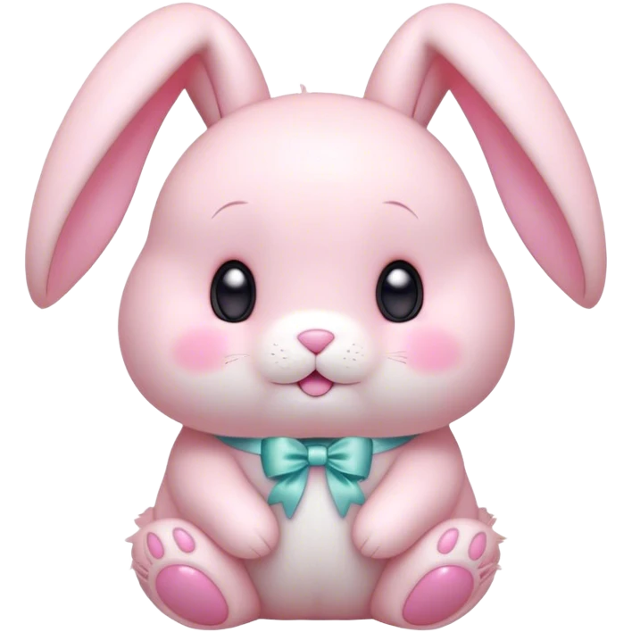 Cinematic adorable pastel pink bunny, chubby cheeks, tiny paws, sparkling round eyes, soft fur with a gentle glow, slightly tilted head, wearing a tiny bow, irresistibly cute and heartwarming. emoji