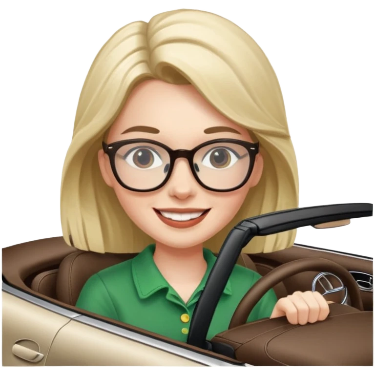 Irish girl smile with glasses driving fast in a Mercedes convertible emoji