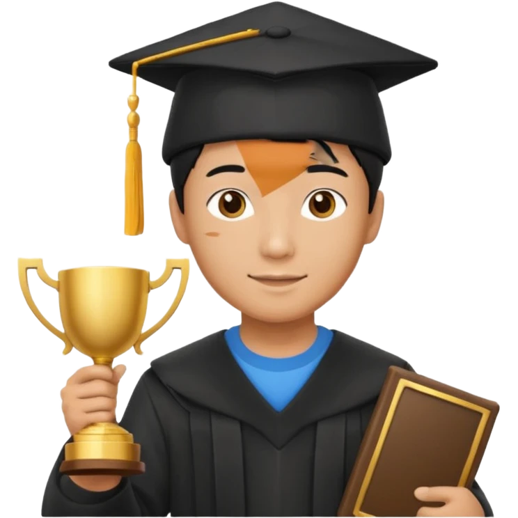 An asian man wearing student hat, holding a trophey emoji
