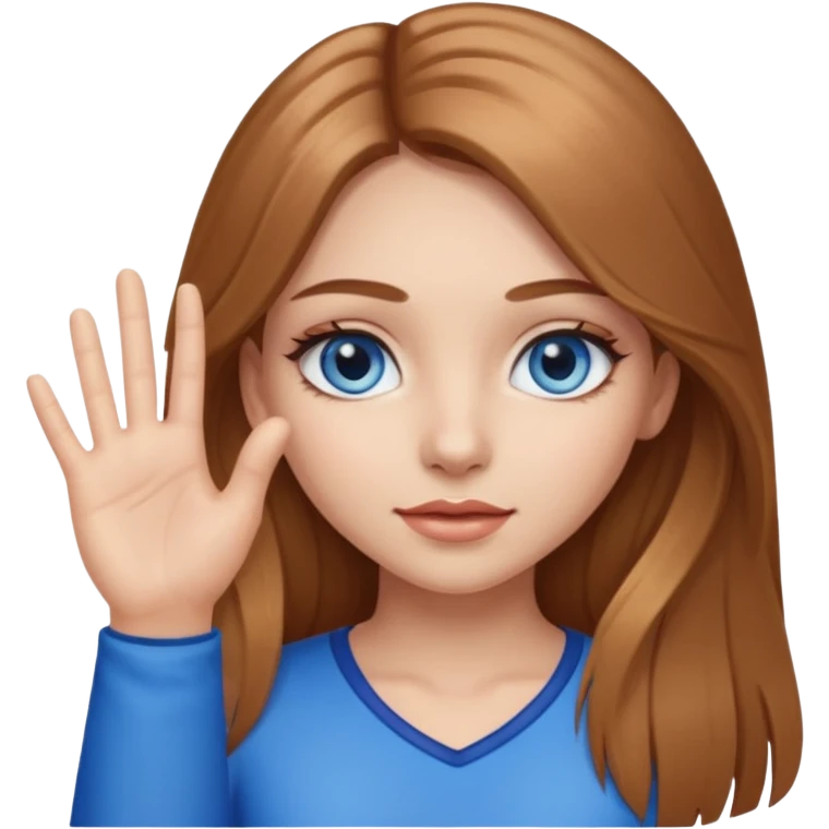 A girl with makeup, long light brown hair, blue eyes, with her palm up. with black outlook   emoji