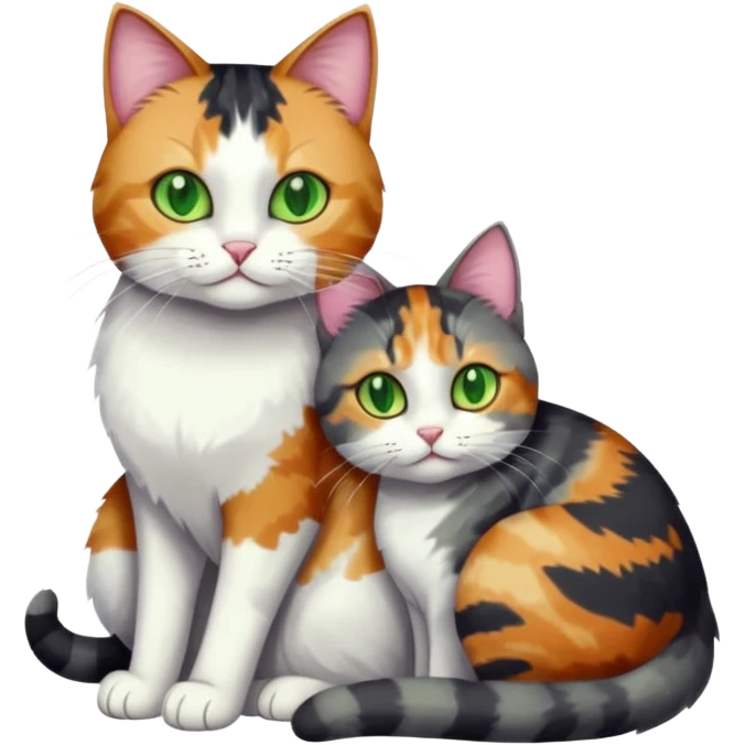 full body colourful light patched calico + white tabby cat cuddling a big dark grey and white tabby cat  emoji