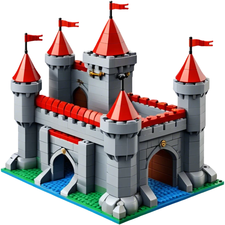 A photorealistic icon featuring a large medieval castle built from LEGO bricks, with detailed textures of the bricks, turrets, and drawbridge. The design captures the creativity and intricacy of LEGO construction with vibrant colors and realistic lighting. Transparent background emoji