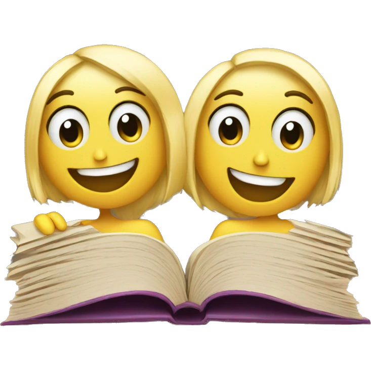 Two smily faces reading she same book emoji