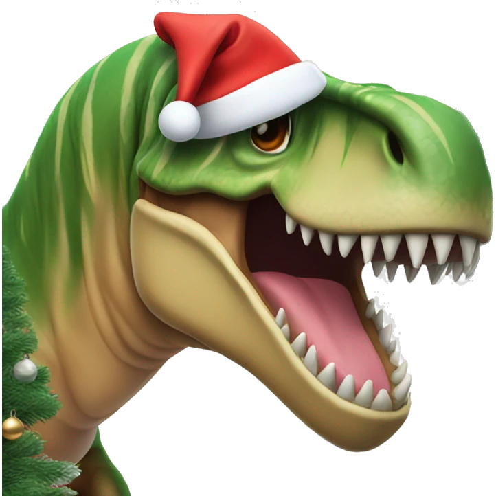 T-Rex wearing Santa hat near a Christmas tree emoji