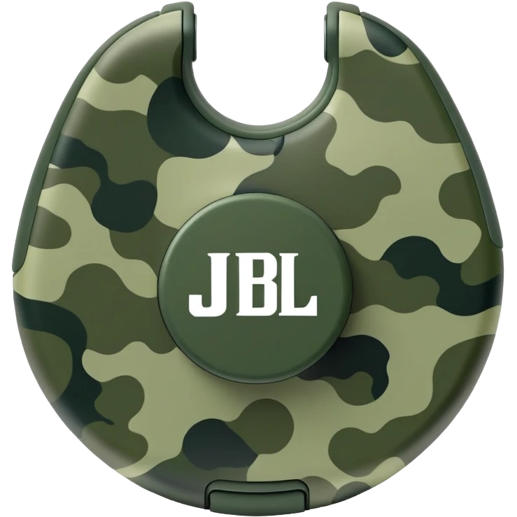 Abstract JBL Clip 4 with round shape, integrated clip, green camo pattern, and small JBL logo, iOS emoji style emoji