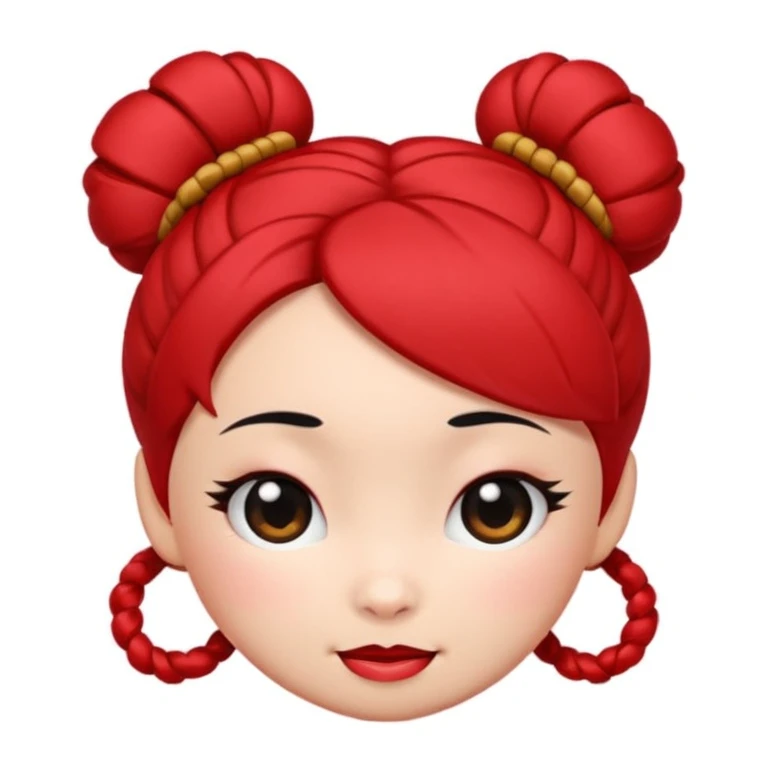 Pucca's cartoon face, apple-style emoji, winking, black hair buns, red hair ties, no body, no text emoji