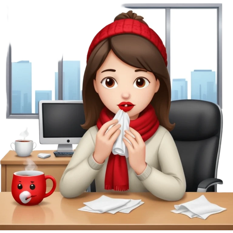 хвора дівчина сидить в офісі за столом, у неї в руках хустинка, червоний ніс, на столі серветки, чай emoji