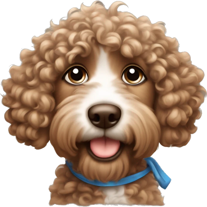  brown doodle with the cutest puppy face but with curly hair that’s half brown half white and with blue eyes  emoji