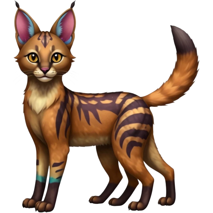 A Colorful exotic tropical tribal cute happy realistic esoteric patterned fluffy furry dark caracal-Lykoi-bobcat-sphynx-genet-civet-Fakémon-fursona-hybrid-fusion-animal-creature, full body, 4-legged emoji