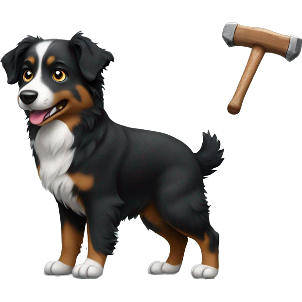 Small black australian shepherd dog building with hammer  emoji