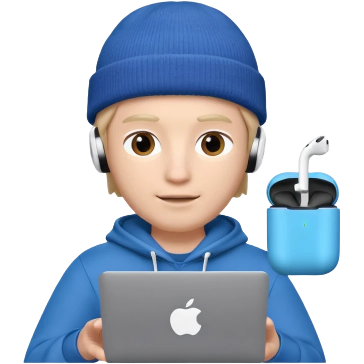 Apple Memoji–style 3D avatar of a young male with a beanie and AirPods, using a laptop, soft lighting, white background. emoji