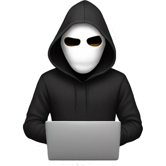 anonymous with laptop with black hoodie and having a mask and have eyes  emoji