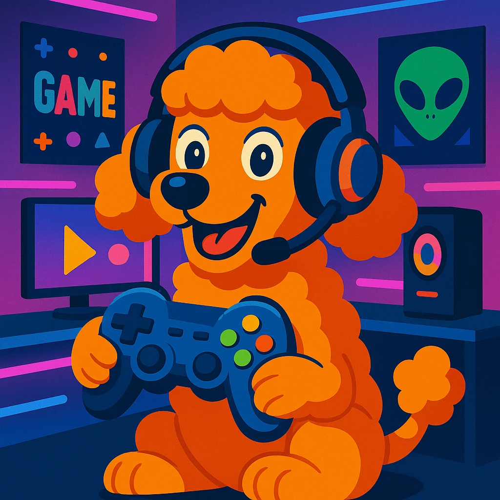 Add a colorful gaming room background with posters, LED lights, and a monitor. Keep the poodle gamer as the main focus in vibrant toon style. emoji