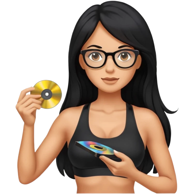 wearing glasses, long black hair tanned woman, black sports bra, sexy, hot, data analysis, holding a cd   emoji