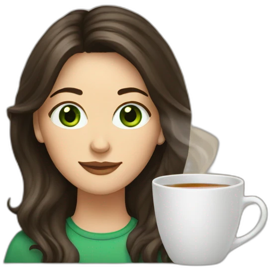 White woman with long dark brown hair with highlights, green eyes and a big mug of tea emoji