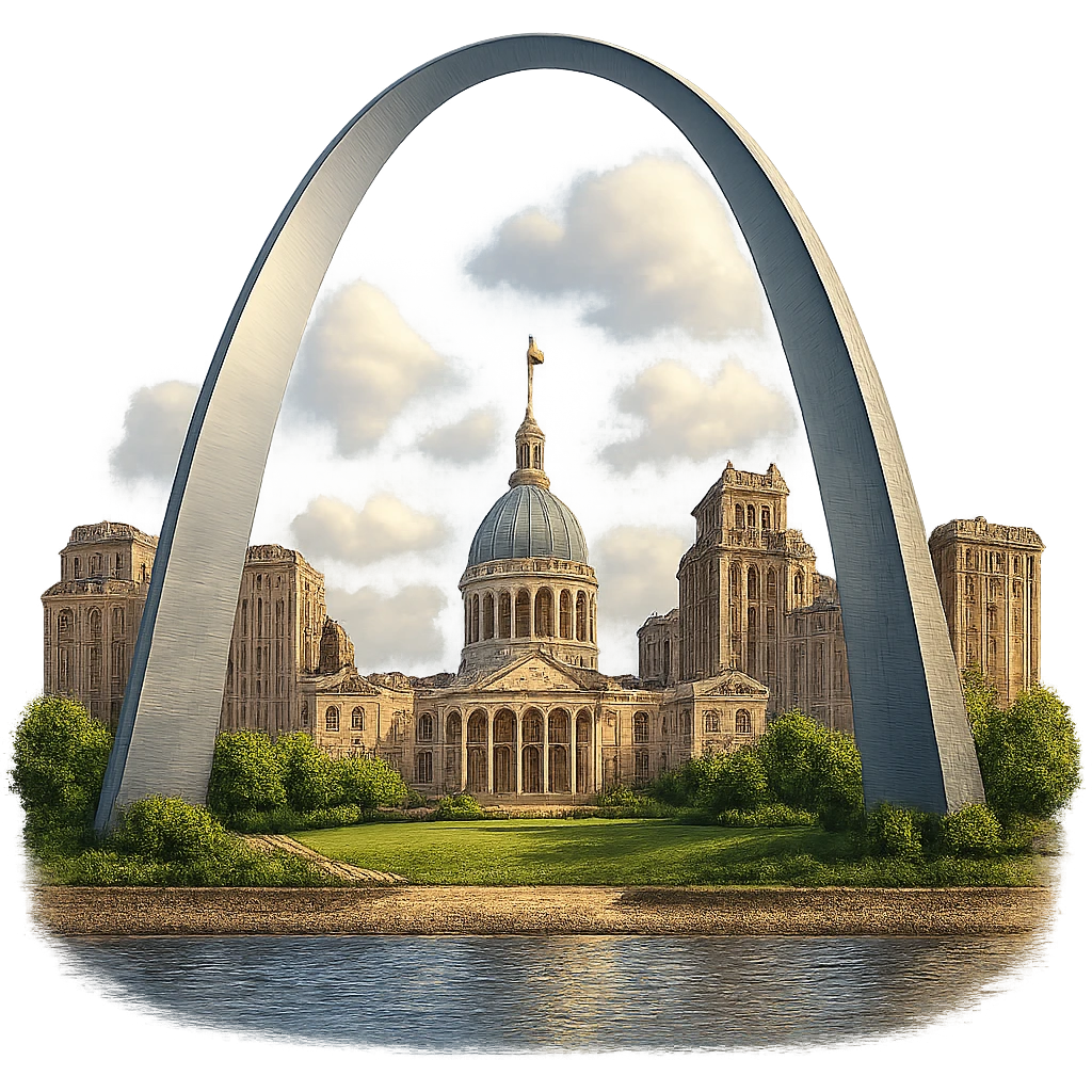 cinematic, realistic emoji of the St. Louis Gateway Arch, Gateway Park, and the shore of the Mississippi River, featuring majestic, ornate architecture, lifelike detail, bright lighting, and accurate colors, transparent background emoji
