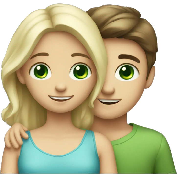 blonde boy with blue eyes and brunette girl with green eyes hugging emoji