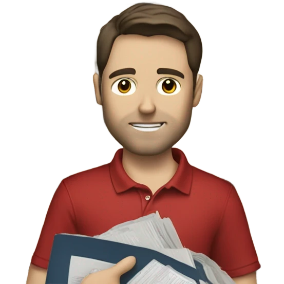 brunette man wearing red polo overtop a white shirt and really baggy jeans looking at records, pale skinned emoji