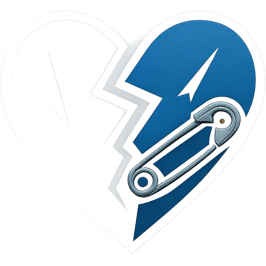 emo emoji, jagged heart, black and blue, small safety pin, modern emo aesthetic emoji