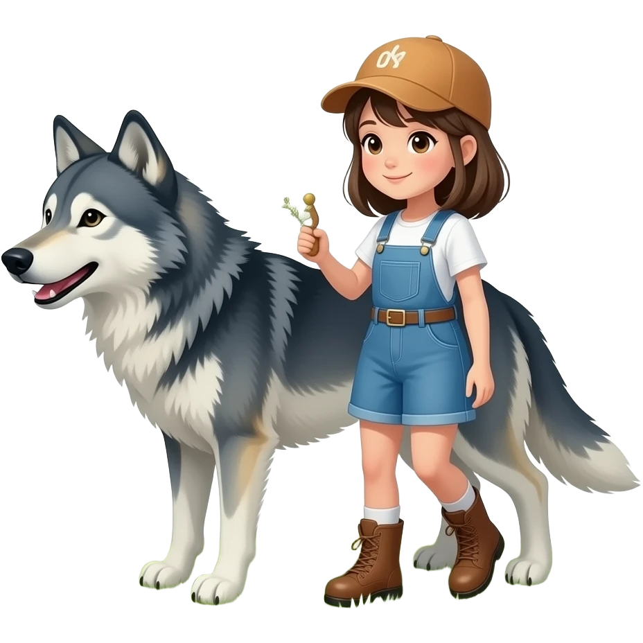 Chica montañera juega por el prado con un lobo emoji