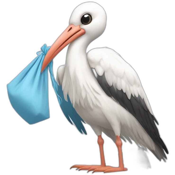 white stork carrying a light blue bundle of cloth in its beak that has a human baby with dark hair and the baby face is peeking out from the cloths bundle the strok is carrying with its beak emoji