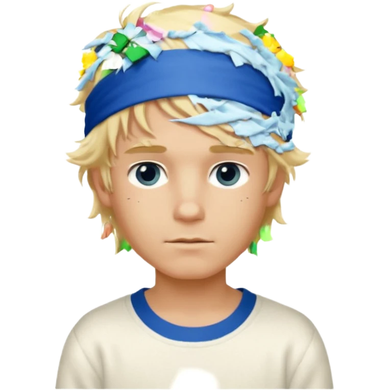 Create a look for a blond boy with long, tousled hair, light eyes, a white sweater, a wealthy appearance, blue eyes, and accessories like a Rolex or Cartier watch, and a cute face with messy hair down. blue eyes + headband white + pajama emoji