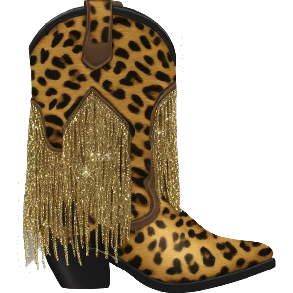 Realistic leopard print fashion cowgirl boots with sparkly shiny glitter fringe on them. emoji