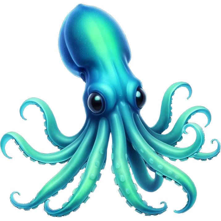 3D render of Deep Sea Squid, bioluminescent deep sea style, glowing neon blue and green lights, dark background to contrast the glow, translucent organic textures. emoji