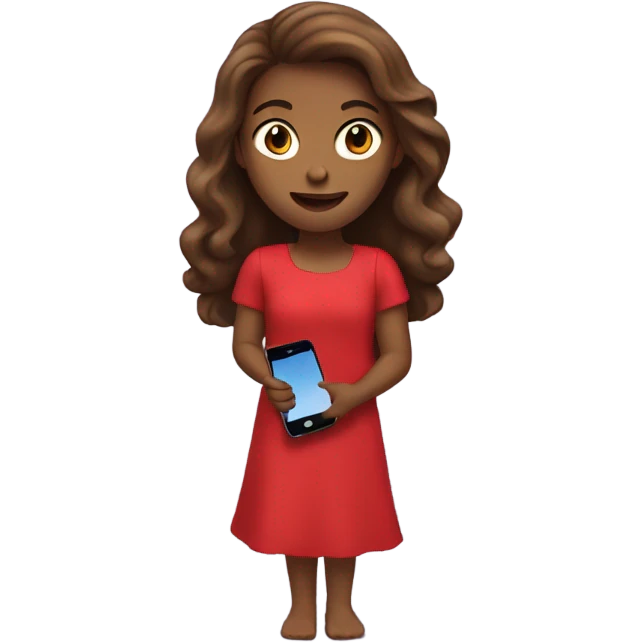 a white girl with log brown hair in a red dress holding a cell phone showing it emoji