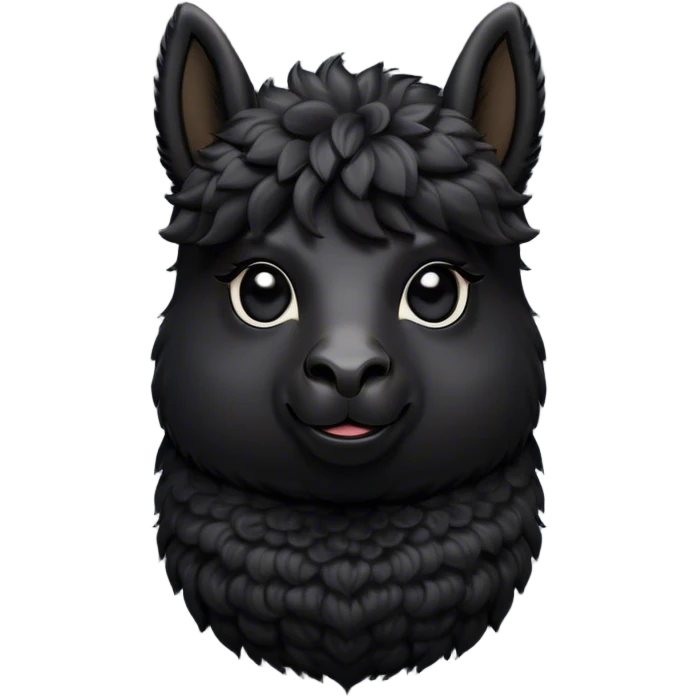 Cinematic Noble Black Alpaca Portrait Emoji, Poised and regal, with a striking, sturdy build and a sleek, well-groomed jet-black fleece, deep-set soulful dark eyes, Simplified yet sharp and sophisticated features, highly detailed, glowing with a soft, dignified glow, high shine, intelligent and mysterious, stylized with an air of elegant austerity, focused and attentive, soft glowing outline, capturing the essence of a watchful and confident companion, so majestic it feels as though it could stride out of the screen with effortless authority! emoji