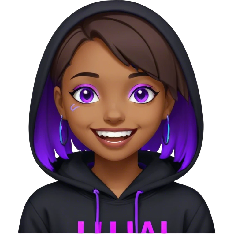 brown haired girl with a bob and blue eyes wearing black hoody with violet letters "Lu", laughs. Cyberpunk style. Violet neon. emoji