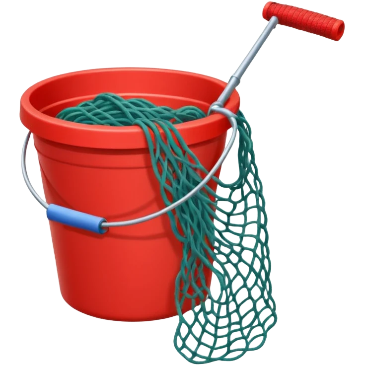 A small red bucket with a fishing net leaning against it.
 emoji