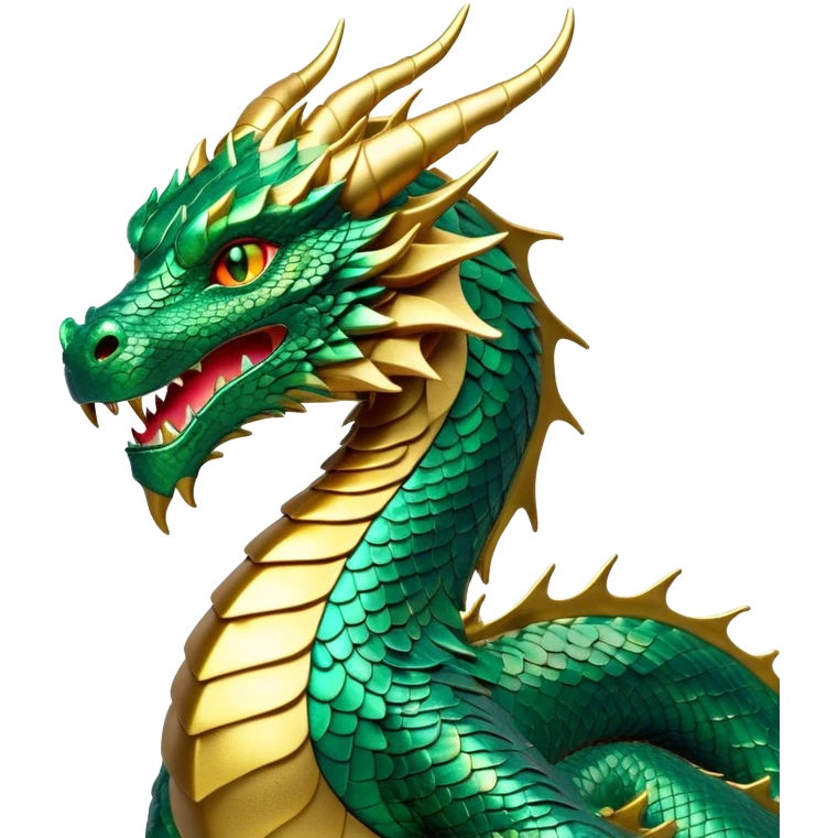 Cinematic Noble Dragon Portrait Emoji, Poised and majestic, with a sinuous, elongated body covered in intricately detailed, shimmering scales in hues of emerald and gold, and piercing, fiery eyes that reflect ancient wisdom; rendered with lifelike texture and natural highlights, high shine, intelligent and formidable, styled with an aura of mythic power, focused and attentive, soft glowing outline, capturing the essence of a legendary dragon that appears ready to soar out of the screen with timeless authority! emoji